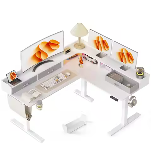 63 Inches Height Adjustable L Shaped Standing Desk with 3 Drawers and Monitor Shelf, Electric Sit to