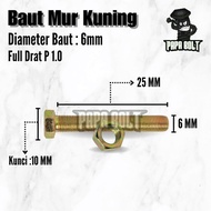 Baut Mur Hexagon Kuning M6x25 / Baut Mur Hex 6x25 Kunci 10 P1.0