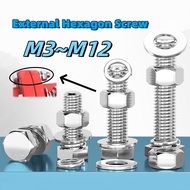 External Hexagon Screw  Bolt And Nut Set Stainless Steel M3 M4 M5 M6 M8 M10 M12 With Flat Washer Scr