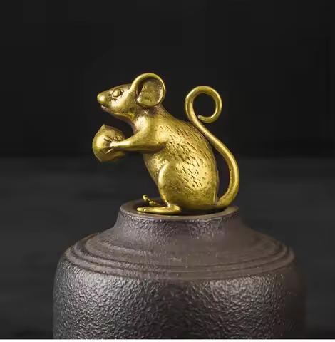 Copper Cute Mouse Peach Miniatures Figurines Tea Pet Table Ornament Crafts Brass Animal Rat Statue H