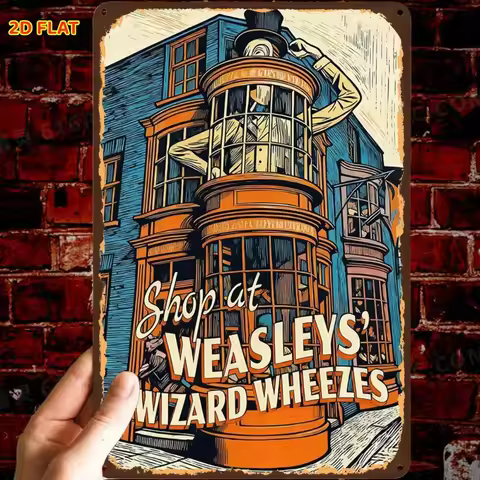 1pc 2D Flat Retro Weasleys Wizard Wheezes Metal Sign Pre Drilled Holes Indoor Outdoor Home Toilet Of