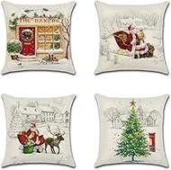 Cushion Cover, 65x65cm Set of 4, Christmas Tree Santa Claus Soft Velvet Throw Pillow Cases 26x26in, Square Sofa Cushion Cover with Invisible Zipper for Couch Bed Car Bedroom Home Decor