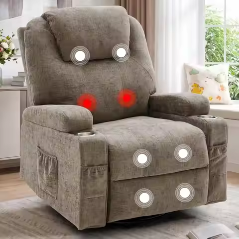 Recliner Chair, 360 Manual Swivel Rocker Chair with Overstuffed Headrest, Rocking Chair with Massage