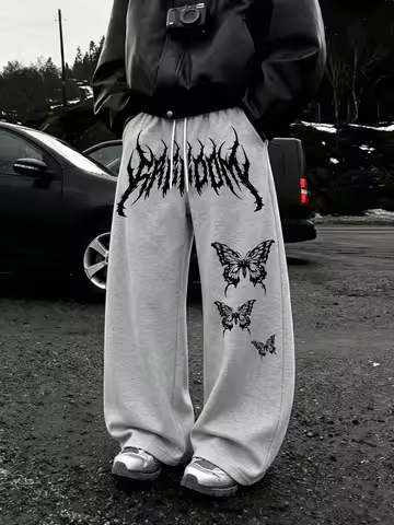 Men Wide Leg Gothic Butterfly Sweatpants 100% Polyester Thorn Font Print Baggy Y2K Drawstring Casual