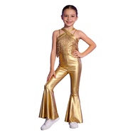 iixpin Kids Girls Camisole Jazz Hip Hop Sequins Tassels Disco Outfit 70s 80s Prom Flare Jumpsuit Shi
