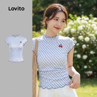 (Fashion-2) Lovito Casual Tshirt Embroidery Spring/summer Blue Tshirt for Women L151AD476