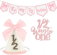 SuPoo 1/2 Birthday Hat and It is My 1/2 Birthday Banner Pink Bow Princess Cone Hat Cake Topper Half 