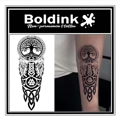 BOLDINK Nordic World Tree Two Wolves Raven Tattoo Sticker Unisex Stylish Easy Apply Waterproof Long 