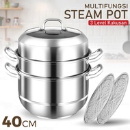 Panci Kukus Steamer 3 Susun Stainless Steel Tutup Kaca Multifungsi Kombinasi