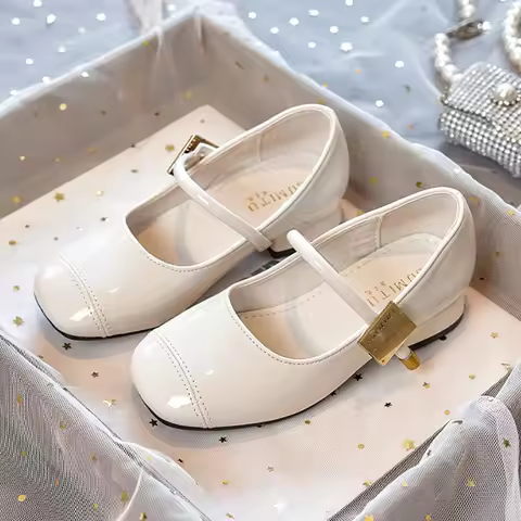 White Patent Leather Shoe Girl Wedding Ceremony Church Flowergirl Dress Shoes with Heel Wide Fit Hig