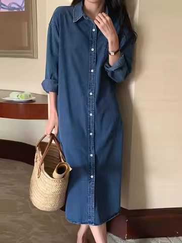 New in Spring Summer Women Casual Shirt Dress Loose Long Sleeve Cardigan Dress Korea Ladies POLO Col