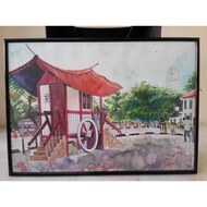 (FREE SHIPPING without voucher) A2 size watercolor drawing melaka red house area with photo frame wa