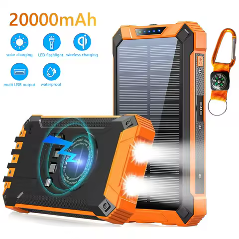 30000mAh Solar Power Bank with Cable Portable Charger Wireless Charging Powerbank for iPhone 16 15 1