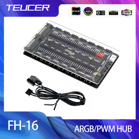 TEUCER 11/16 ARGB PWM FAN HUB 4Pin PWM 5V 3PIN ARGB Fan HUB Multi Way Splitter Adapter PC Case Fan S