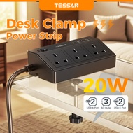 TESSAN Desk Clamp Extension Plug 1.8M Cord Socket Adapter with USB Type C Multi Plug Extension Cord