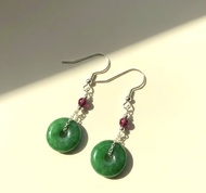 花青翡翠平安扣耳環 925純銀 | 天然緬甸玉翡翠A貨 | 送禮