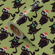 1 Roll Christmas Wrapping Paper | Green Background With Santa Hat & Bow Black Cat Design, Perfect Fo