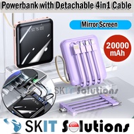 Mirror Screen 20000mAh Mini Power Bank 4in1 DETACHABLE Cables Powerbank Battery Backup Charger with LED Light Lanyard