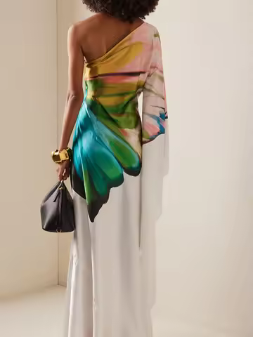 Women Elegant Satin Dress 2025 Oblique Shoulder Papillon Print Dress Maxi Sundress Casual Vintage Pr