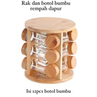 Zoyands [Ms] Wooden Rack and Glass Spice Bottle Kitchen Rotating Spice Rack Spice Carousel 12 Jar Ro
