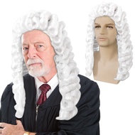 Hair Cap+ White Judge Wig Men Barristers Wig founding father costume Colonial Wig for Men Powdered W