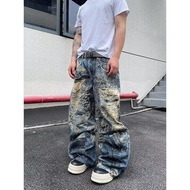 Illusion Ripped 3D Printing Digital Printed Jeans Men Women American Retro Loose Straight Niche Wide