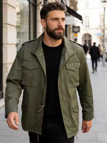 M65 Field Jacket, Men's Military Jacket, Retro Multi Pocket Collar Zipper Jacket, 100% Cotton