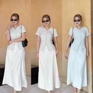 Zara tweed Set :: 5 สี ชุดเซ็ทกระโปรงยาว เสื้อทวิตคอวีแต่งกระดุมทอง ชุดเซ็ท 2 ชิ้นกระโปรงผ้าซาติน เร