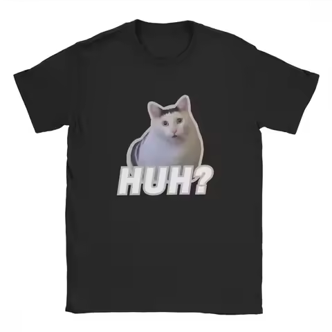 Funny Huh Cat Meme T-Shirts Men Y2k Hip Hop Harajuku Style Crazy Pure Cotton Tee Shirt Crewneck Shor