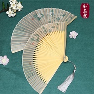 He Fan Hall Antique Narrow Side Silk Female Fan Jasmine Folding Fan Lacquer Bamboo Bone Hanfu Foldin