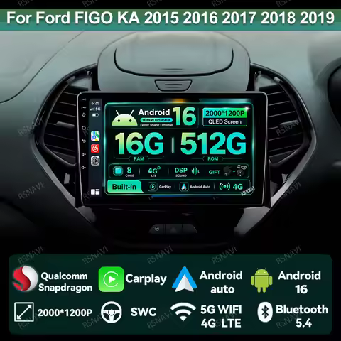 Android 16 Car Radio For Ford FIGO KA 2015 2016 2017 2018 2019 2020 8 Core BT AI Voice WIFI+ 4G LTE 