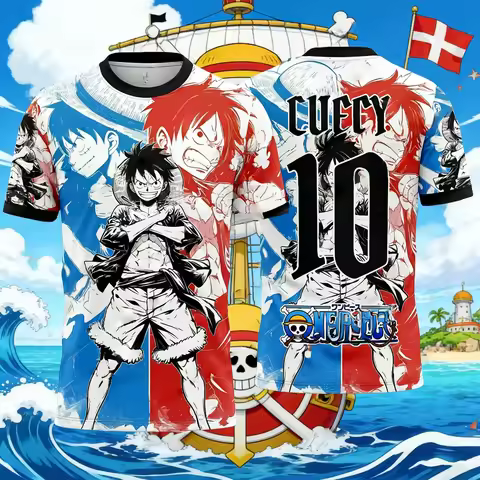 Summer 2026 One Piece Luffy "Denmark No. 10" Comic Football Co-name 3D Printed Breathable Quick Dryi