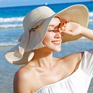 topi perempuan cute hat woman cap woman Seaside Sunscreen Straw Hat Foldable Beach Hat Women Big Bri