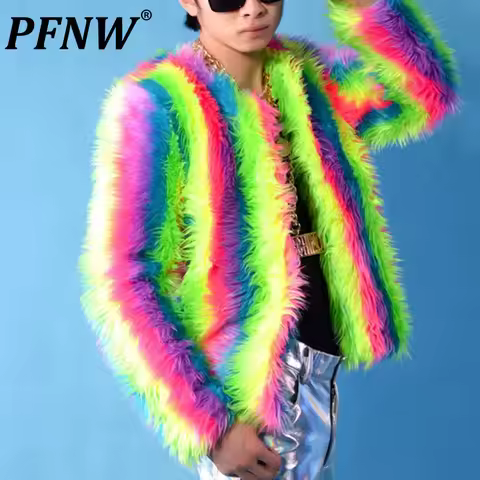 PFNW New Faux Fox Fur Coat Men's Jacket Colorful Loose 2025 Autumn Contrast Color Streetwear Male To