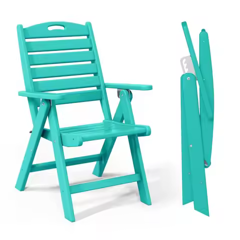 Outdoor Adjustable Highback Folding Patio Dining Chair, HDPE Armrest Poly Lumber Restaurant Bistro D