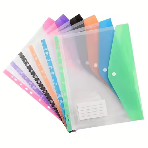 6pcs For 2/3/4 Ring File Bag A4 File Bag School Office Plastic Envelope With Adhesive Snaps & 11 Hol