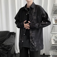 M-XXL เสื้อเชิ้ตสีดำรูปแบบการมัดย้อมแขนยาวคอปกผู้ชาย oversize เสื้อหล่อมากสตรีทสไตล์ย้อนยุคเกาหลี เนื้อผ้าเด้ง ผ้าไม่ติดตัว SFAC155