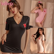 Velvetx Sexy Nurse Bodysuit Short Sleeve Cosplay Costume Lingerie For Women Baju Tidur Seksi