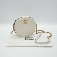 Gucci 古馳 GG Marmont 奶油白 抓皺牛皮 圓餅迷你 單肩包 鏈條包