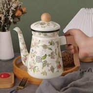 1pc Vintage Enamel Coated Wooden Handle Coffee Pot, Handmade Gooseneck Kettle, Household Tea Pot, Co