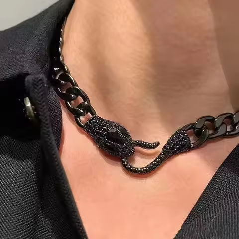 Hip Hop Rock Black Cuban Chain Medusa Snake Necklace Women Trendy Snake Bite Tail Creative Party Nec