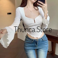V-neck long flared sleeve crop top with pointed flap and hacked waist A350, THUNCA style t-shirt.STO