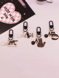 1pc Cartoon Music Black Cat Piano Note Metal Keychain, Cute Kitty Personalized Bag Accessory Key Cha