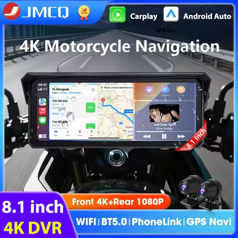8.1 inch Motorcycle Carplay DVR 4K+1080P Dual Lens Moto GPS Navigation IPX7 Waterproof Display Wirel