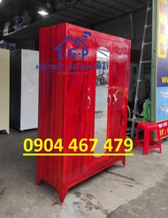 Tủ sắt 3 cánh đựng áo quần sơn dầu màu đỏ gỗ 1m2x1m8 cực đẹp
