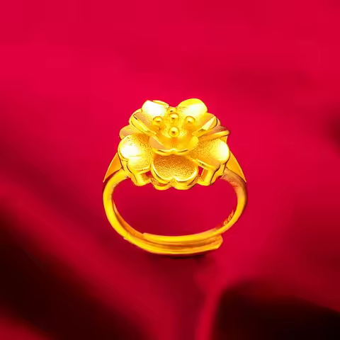 24K Gold 3D Flower Ring | AU999 Pure Gold, layered petal design, diamond-encrusted stamen, elegant a