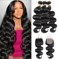 Body Wave Hair Bundles with Closure Brazilian Human Hair 3/4 Bundles with 4x4 2×6 Lace Closure Sew i