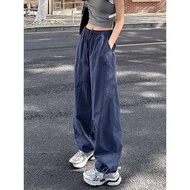藏蓝色速干工装裤女春夏高腰垂坠感宽松休闲阔腿裤抽绳束脚运动裤1.14Navy Blue Quick-Dry Cargo Pants for Women Spr Summer High Waist Dr