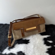 BVLGARI 寶格麗 焦糖色燈芯絨拼漆皮 肩背包