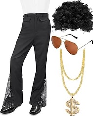 Men's 70s Disco Costume Sequin Bell Bottom Pants Mens Bootcut Trousers with Wig Sunglasses Disco Necklace for Party